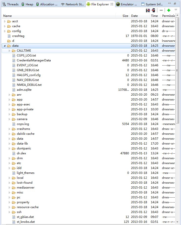 在DDMS的File Explorer 面板里点击/data左边的箭头就可以展开文件列表